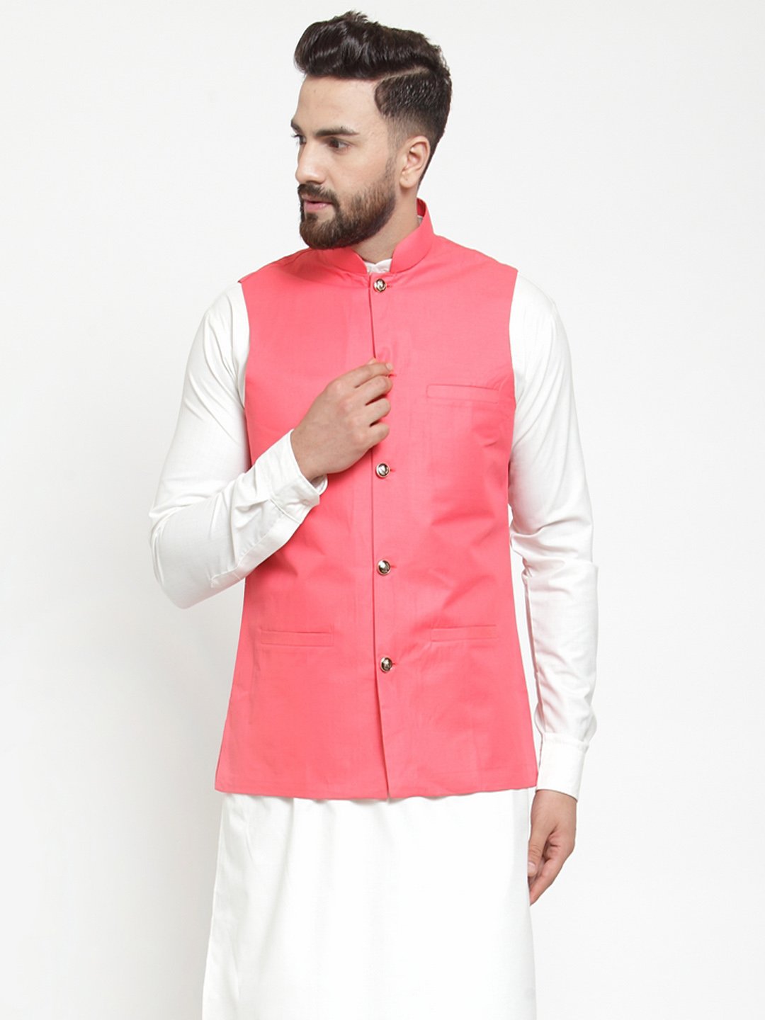 Men's Peach Solid Nehru Jacket ( JOWC 4002 Peach)