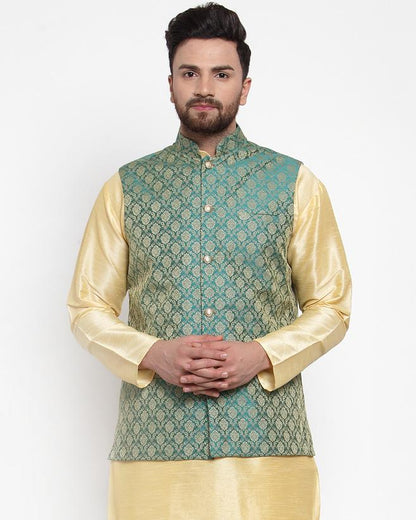 Men's Green-Coloured & Golden Woven Design Nehru Jacket ( JOWC 4005 Green)