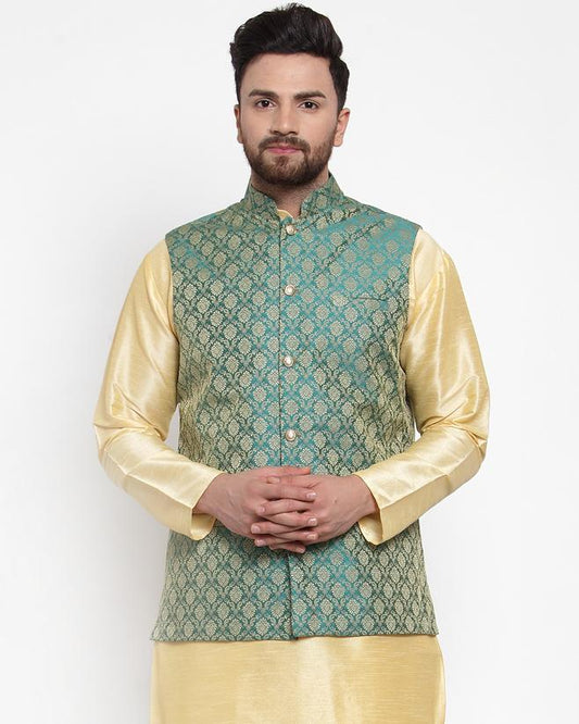 Men's Green-Coloured & Golden Woven Design Nehru Jacket ( JOWC 4005 Green)