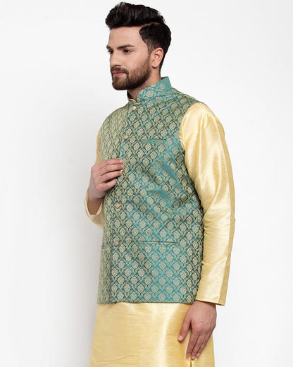 Men's Green-Coloured & Golden Woven Design Nehru Jacket ( JOWC 4005 Green)