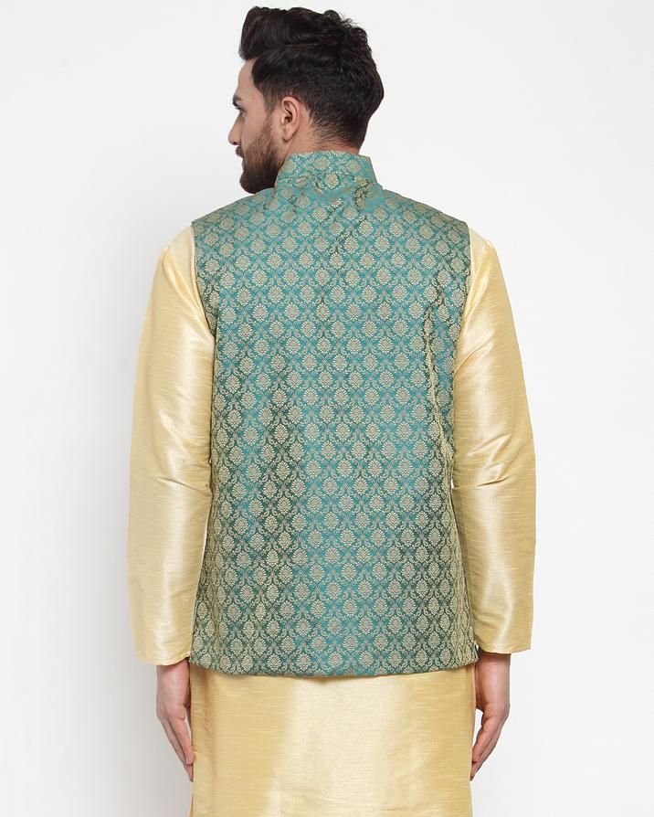 Men's Green-Coloured & Golden Woven Design Nehru Jacket ( JOWC 4005 Green)