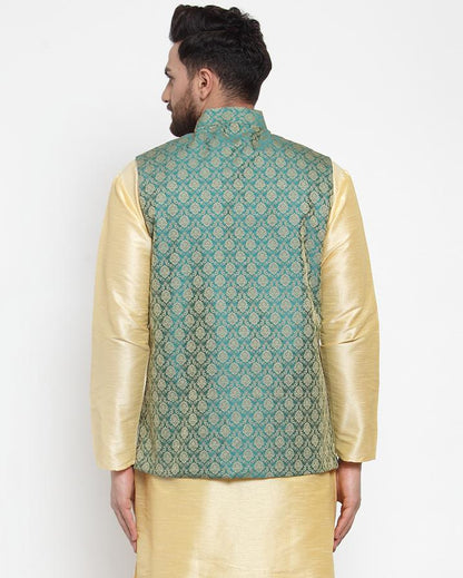 Men's Green-Coloured & Golden Woven Design Nehru Jacket ( JOWC 4005 Green)