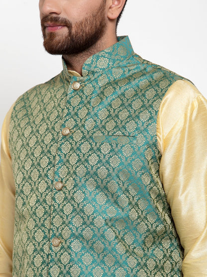 Men's Green-Coloured & Golden Woven Design Nehru Jacket ( JOWC 4005 Green)