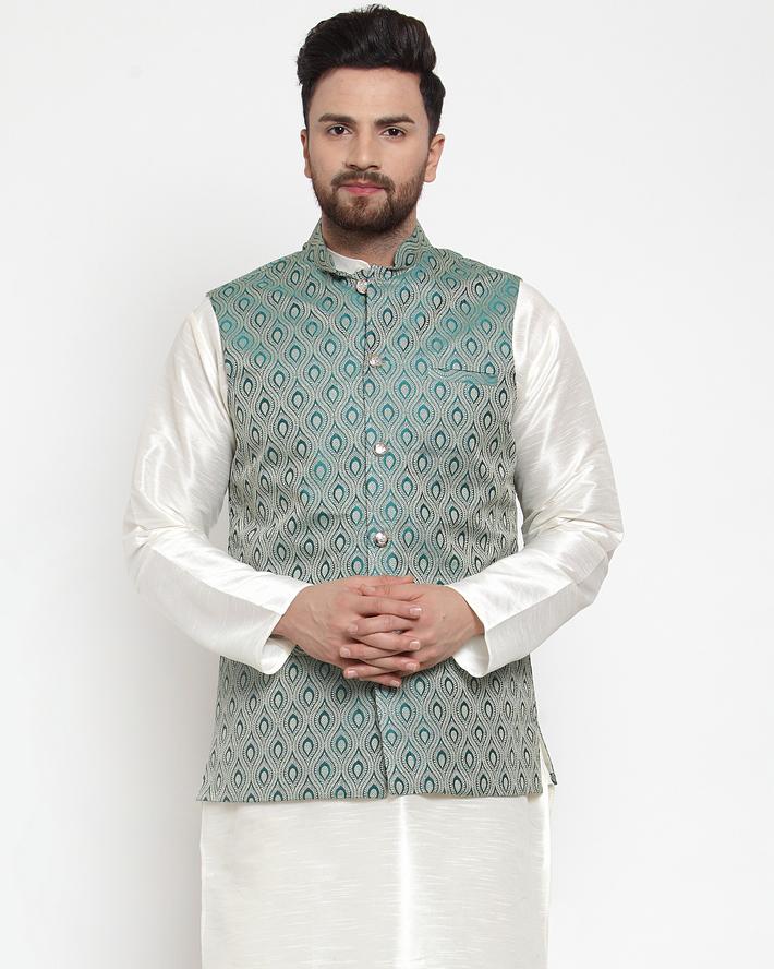 Men's Green Woven Design Nehru Jacket ( JOWC 4006 Green)