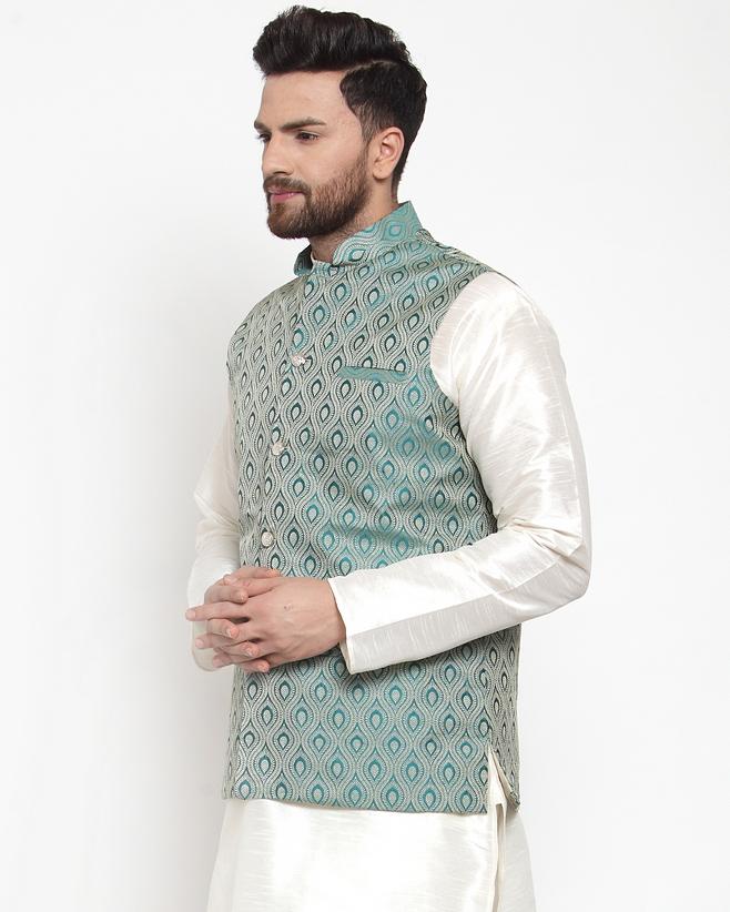 Men's Green Woven Design Nehru Jacket ( JOWC 4006 Green)