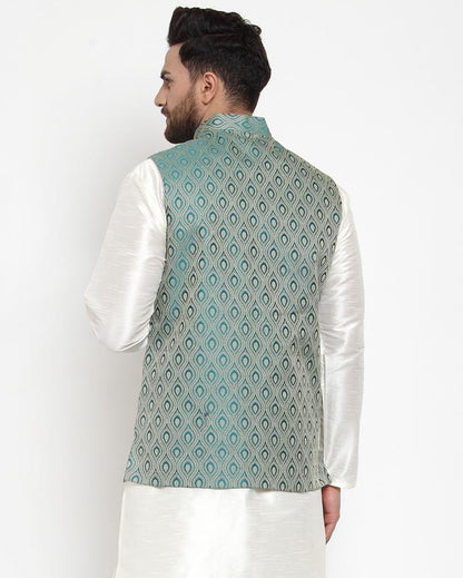 Men's Green Woven Design Nehru Jacket ( JOWC 4006 Green)