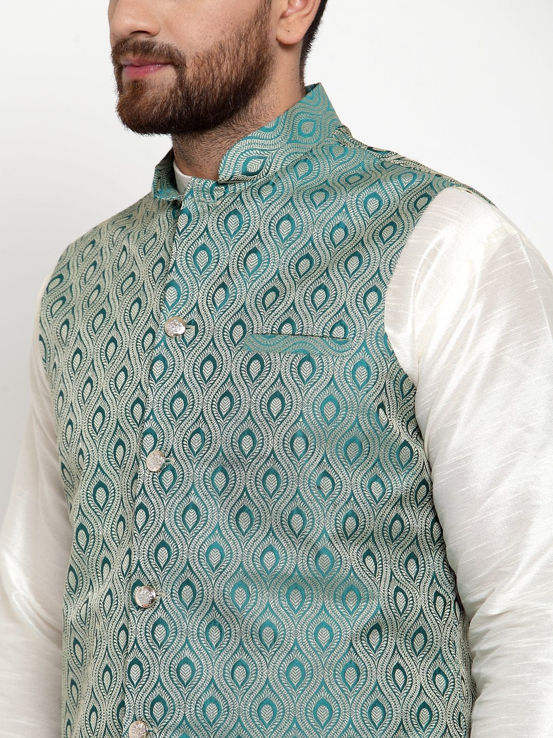 Men's Green Woven Design Nehru Jacket ( JOWC 4006 Green)