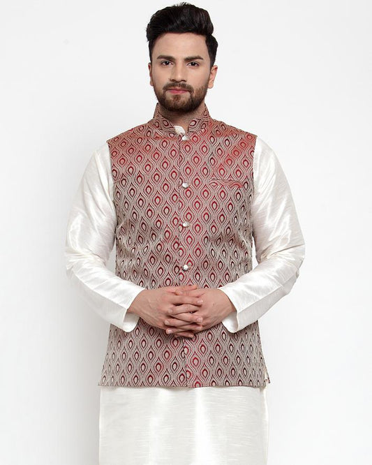 Men's Maroon Woven Design Nehru Jacket ( JOWC 4006 Maroon)