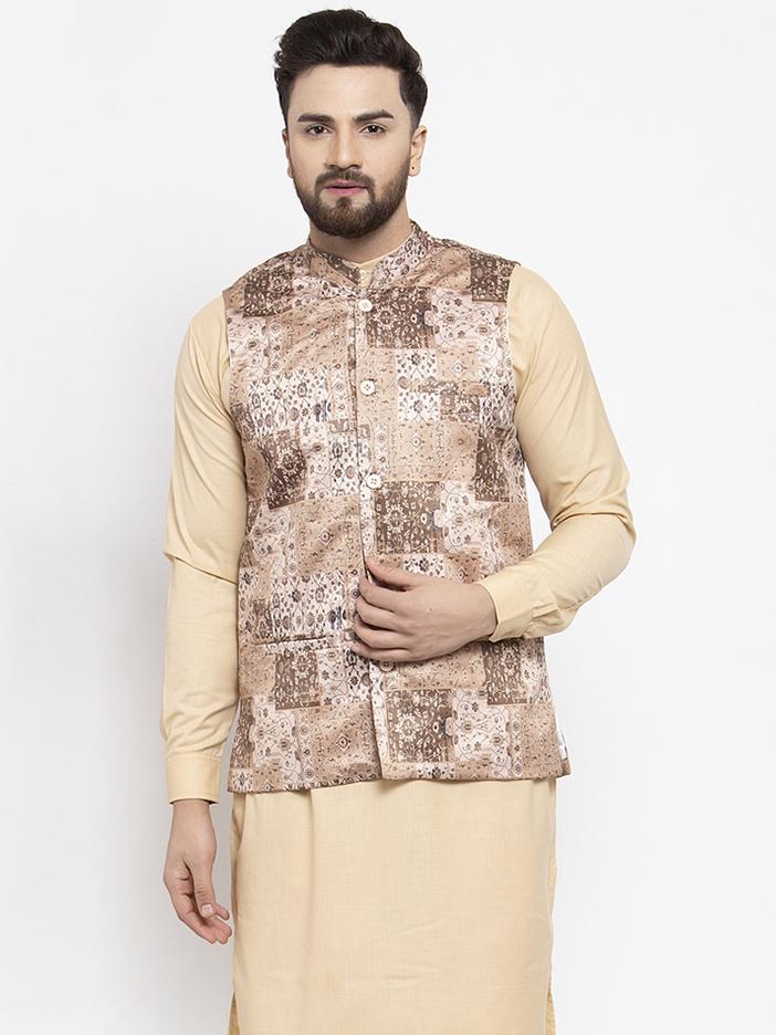 Men's Beige Printed Satin Nehru Jacket ( JOWC 4007 Beige)