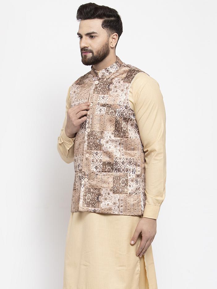 Men's Beige Printed Satin Nehru Jacket ( JOWC 4007 Beige)