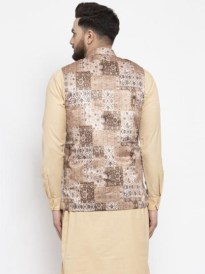 Men's Beige Printed Satin Nehru Jacket ( JOWC 4007 Beige)