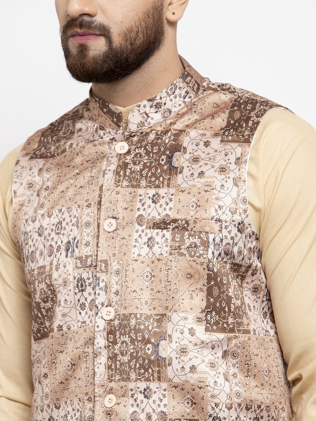 Men's Beige Printed Satin Nehru Jacket ( JOWC 4007 Beige)