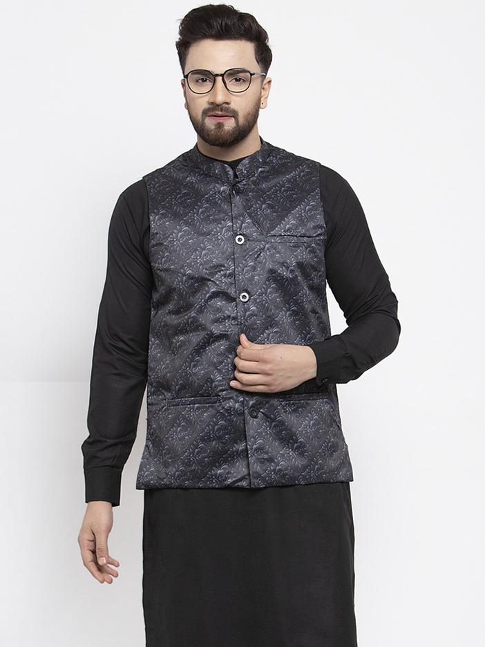 Men's Charcoal Grey Printed Satin Nehru Jacket ( JOWC 4007 Charcoal)