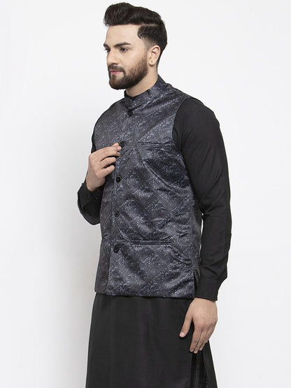 Men's Charcoal Grey Printed Satin Nehru Jacket ( JOWC 4007 Charcoal)