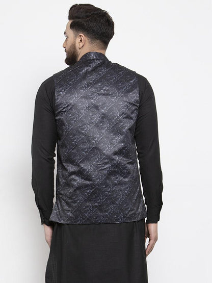 Men's Charcoal Grey Printed Satin Nehru Jacket ( JOWC 4007 Charcoal)