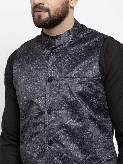 Men's Charcoal Grey Printed Satin Nehru Jacket ( JOWC 4007 Charcoal)