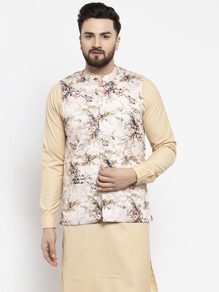 Men's Cream Printed Satin Nehru Jacket ( JOWC 4007  Cream )