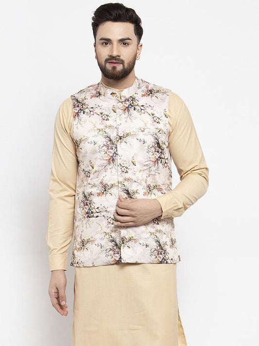 Men's Cream Printed Satin Nehru Jacket ( JOWC 4007  Cream )