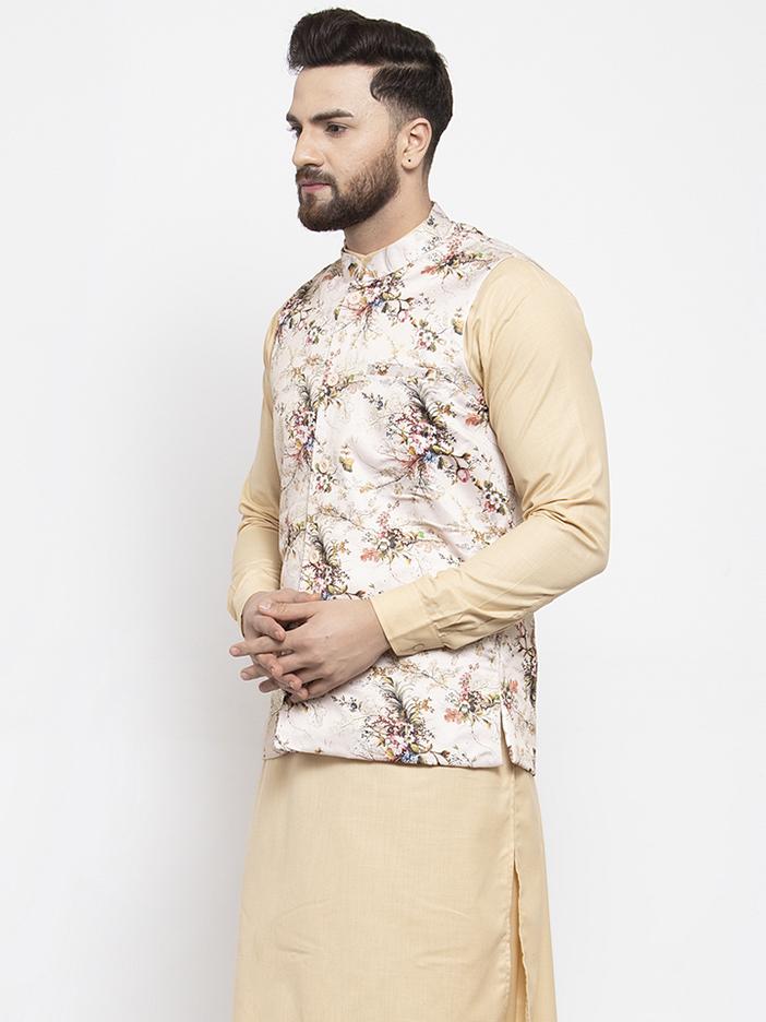 Men's Cream Printed Satin Nehru Jacket ( JOWC 4007  Cream )