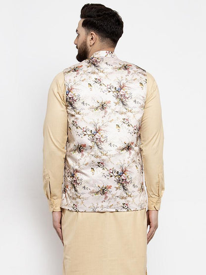 Men's Cream Printed Satin Nehru Jacket ( JOWC 4007  Cream )