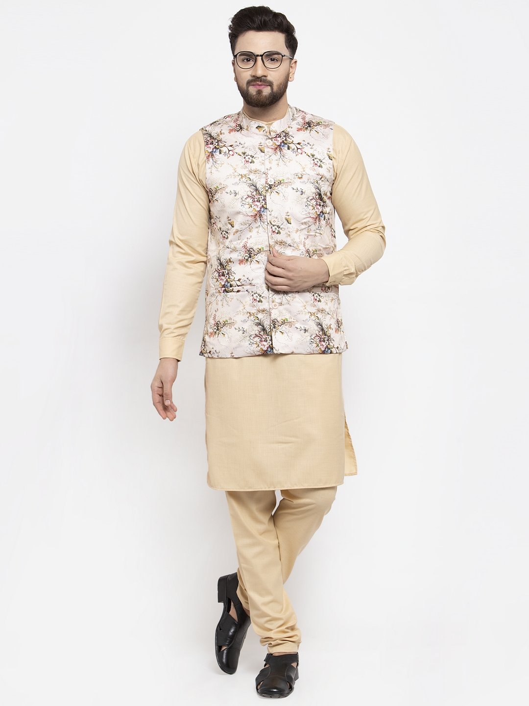 Men's Cream Printed Satin Nehru Jacket ( JOWC 4007  Cream )