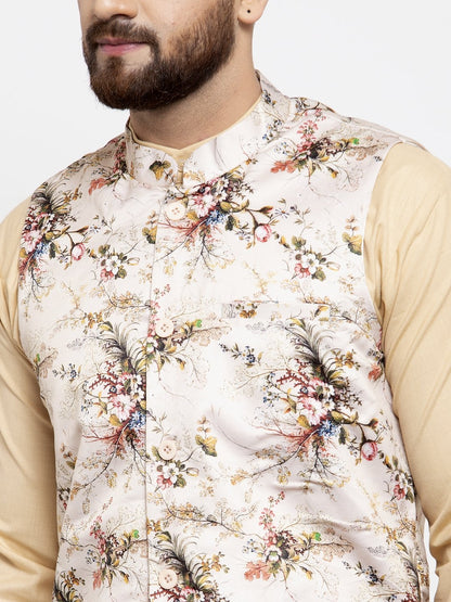 Men's Cream Printed Satin Nehru Jacket ( JOWC 4007  Cream )