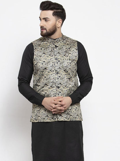 Men's Golden Printed Satin Nehru Jacket ( JOWC 4007 Golden)