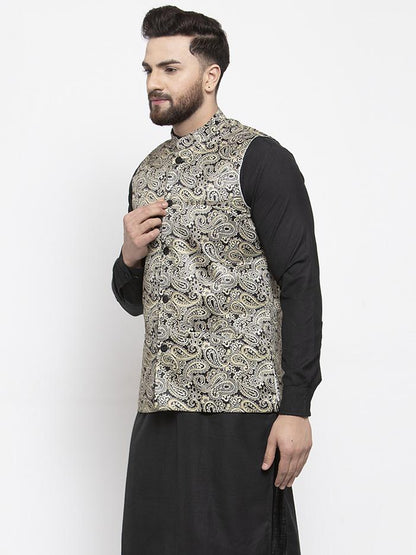 Men's Golden Printed Satin Nehru Jacket ( JOWC 4007 Golden)