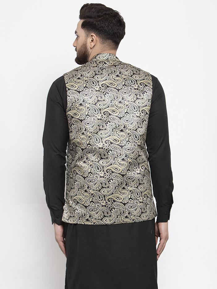 Men's Golden Printed Satin Nehru Jacket ( JOWC 4007 Golden)