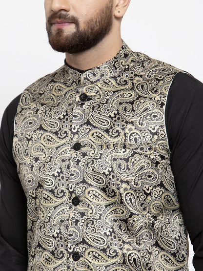 Men's Golden Printed Satin Nehru Jacket ( JOWC 4007 Golden)