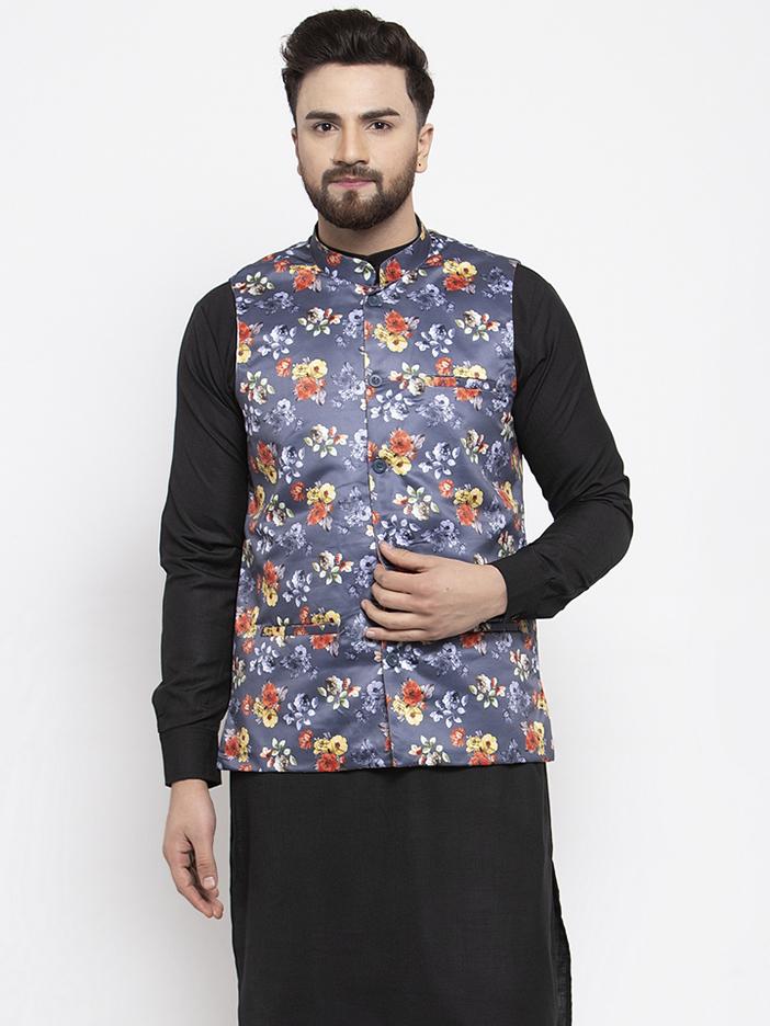 Men's Grey Printed Satin Nehru Jacket ( JOWC 4007 Grey)