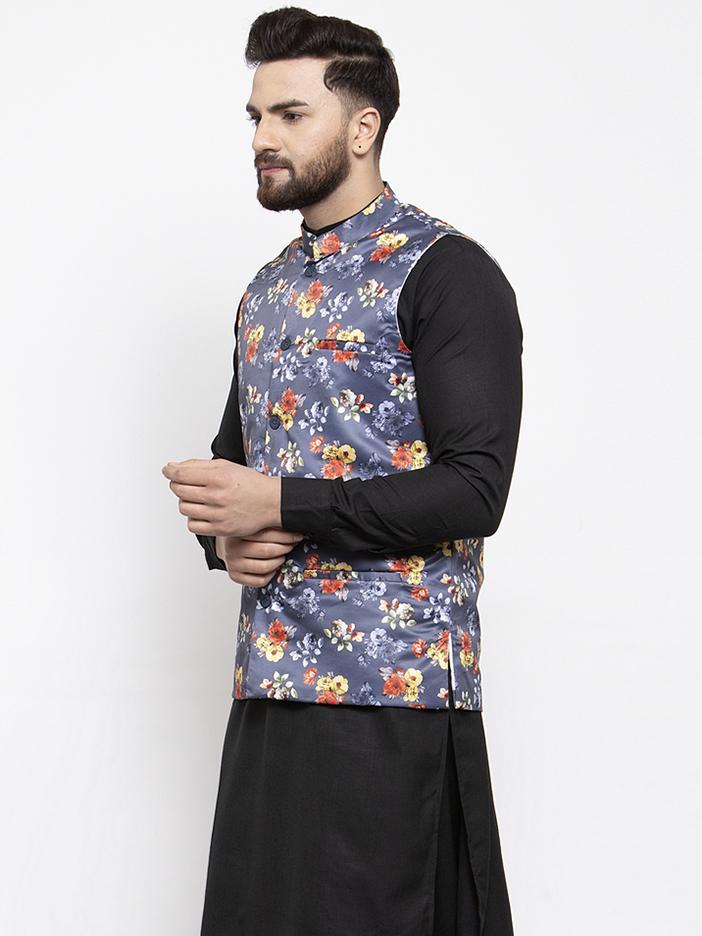 Men's Grey Printed Satin Nehru Jacket ( JOWC 4007 Grey)