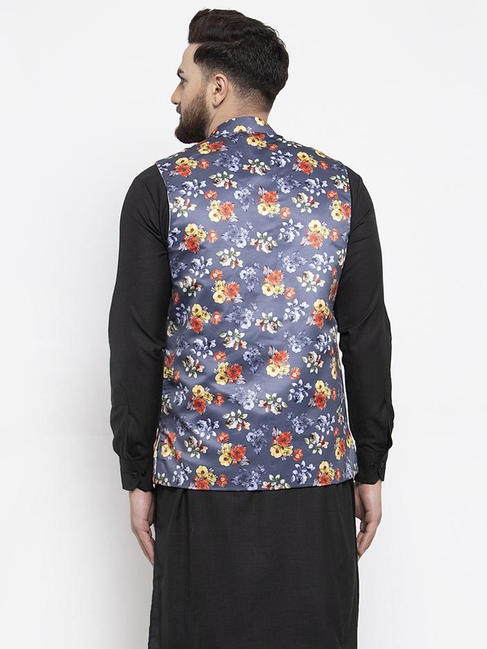 Men's Grey Printed Satin Nehru Jacket ( JOWC 4007 Grey)