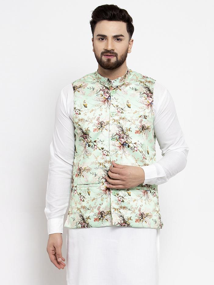 Men's Lime-Green Printed Satin Nehru Jacket ( JOWC 4007 Lime)