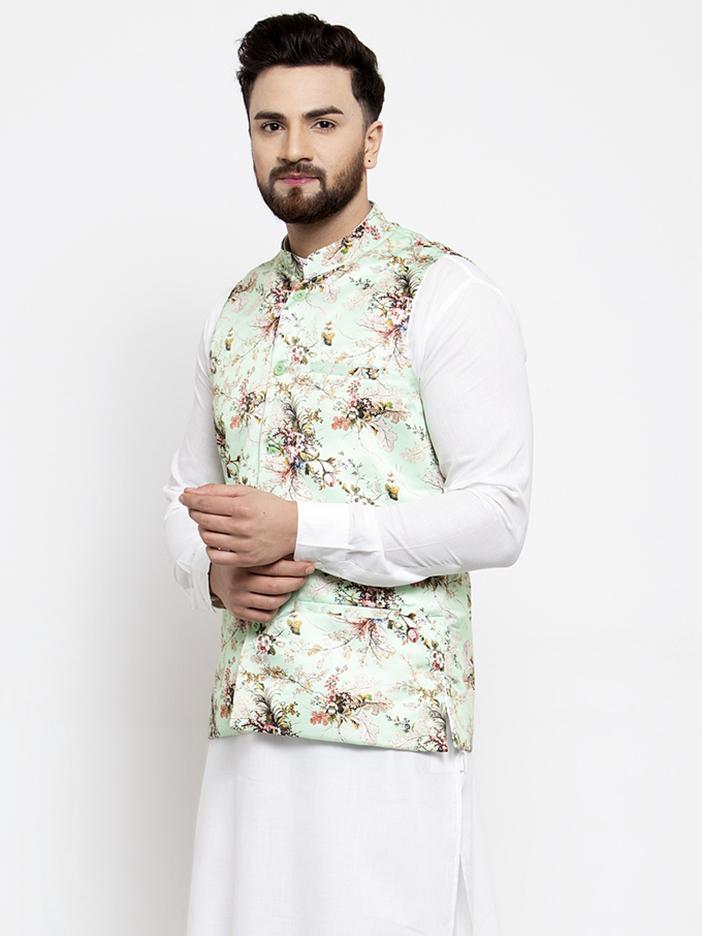 Men's Lime-Green Printed Satin Nehru Jacket ( JOWC 4007 Lime)