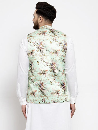 Men's Lime-Green Printed Satin Nehru Jacket ( JOWC 4007 Lime)