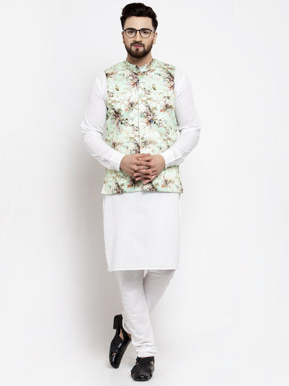 Men's Lime-Green Printed Satin Nehru Jacket ( JOWC 4007 Lime)