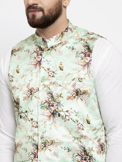 Men's Lime-Green Printed Satin Nehru Jacket ( JOWC 4007 Lime)