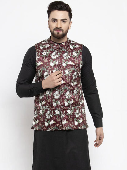 Men's Maroon Printed Satin Nehru Jacket ( JOWC 4007 Maroon)