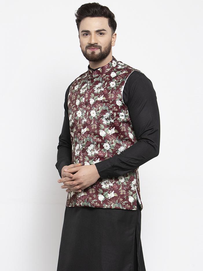 Men's Maroon Printed Satin Nehru Jacket ( JOWC 4007 Maroon)