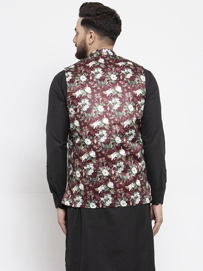 Men's Maroon Printed Satin Nehru Jacket ( JOWC 4007 Maroon)