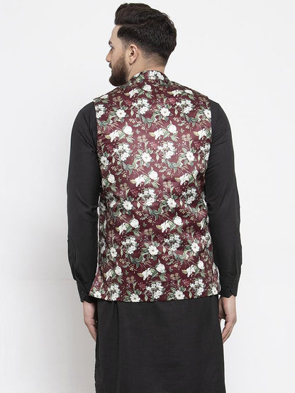 Men's Maroon Printed Satin Nehru Jacket ( JOWC 4007 Maroon)