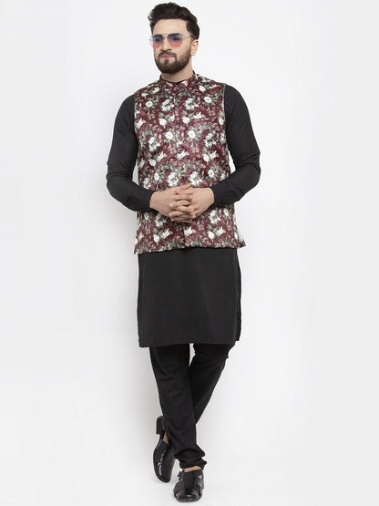 Men's Maroon Printed Satin Nehru Jacket ( JOWC 4007 Maroon)