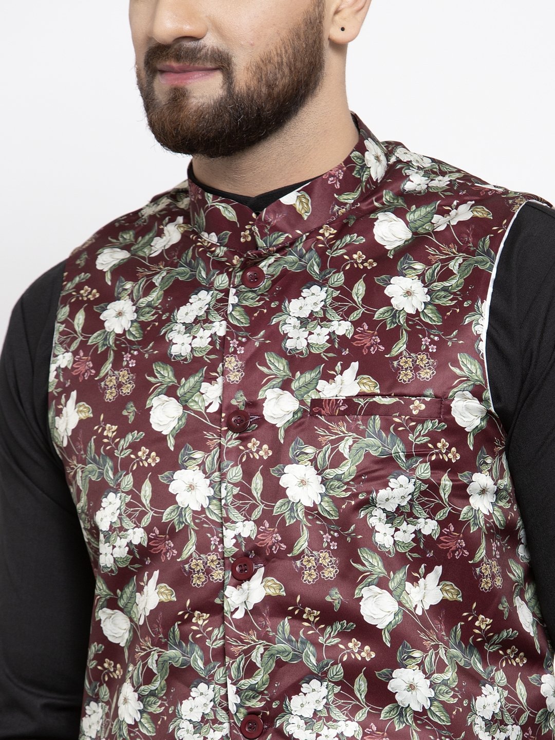 Men's Maroon Printed Satin Nehru Jacket ( JOWC 4007 Maroon)