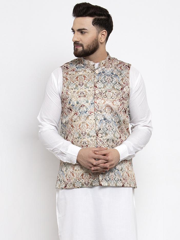 Men's Multicolored Printed Satin Nehru Jacket ( JOWC 4007 Multi)