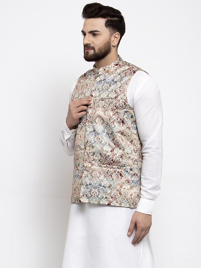 Men's Multicolored Printed Satin Nehru Jacket ( JOWC 4007 Multi)