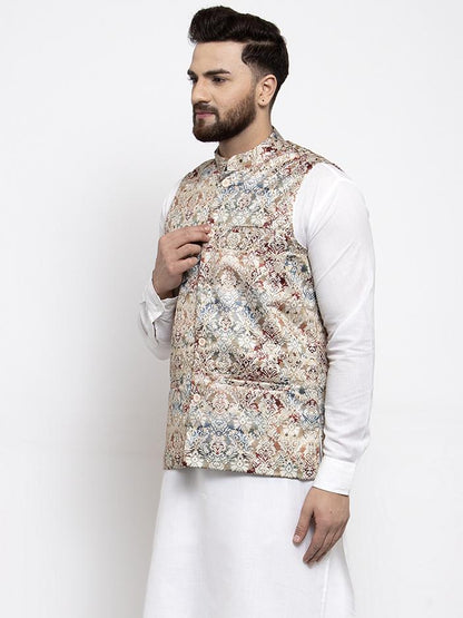 Men's Multicolored Printed Satin Nehru Jacket ( JOWC 4007 Multi)