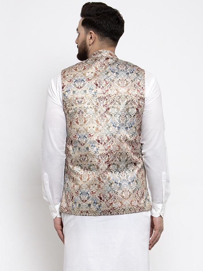 Men's Multicolored Printed Satin Nehru Jacket ( JOWC 4007 Multi)