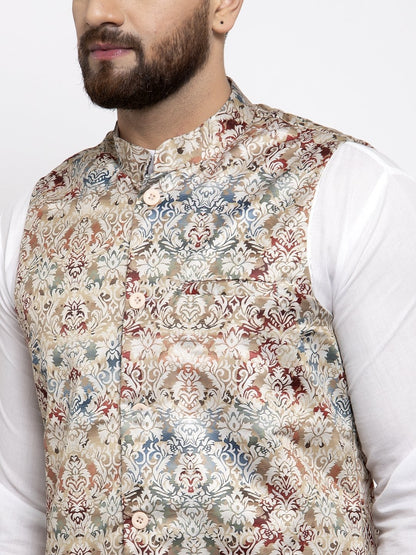 Men's Multicolored Printed Satin Nehru Jacket ( JOWC 4007 Multi)