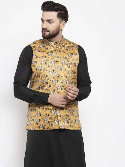 Men's Mustard Printed Satin Nehru Jacket ( JOWC 4007 Mustard)